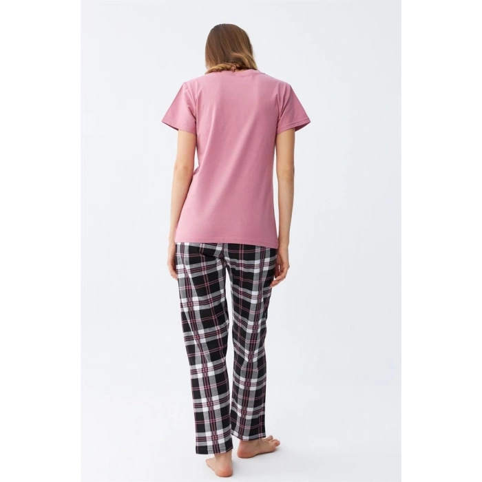 MİRAY- Kadın Somon Ayıcık Baskılı Ekoseli Penye Pijama Takımı