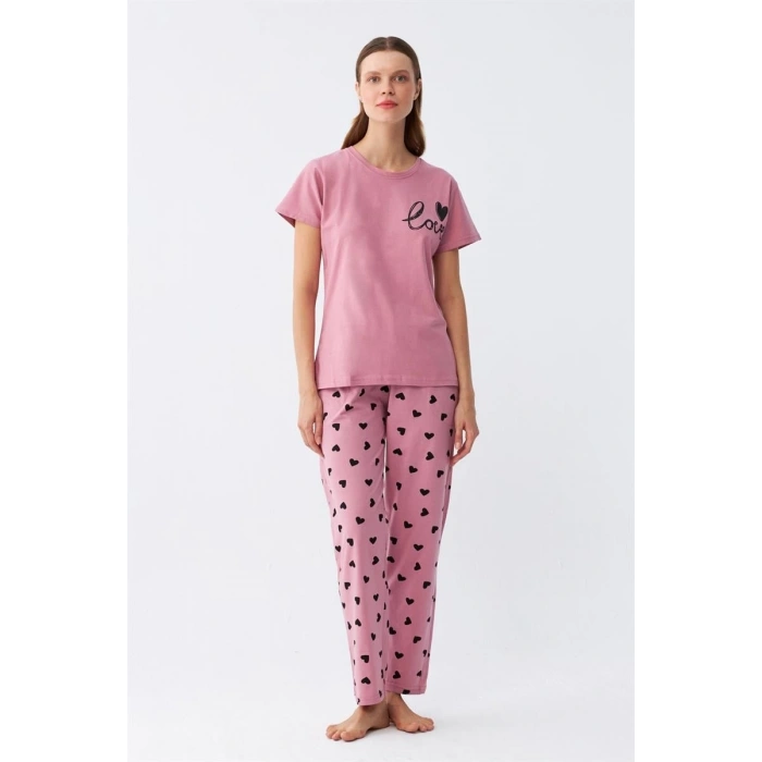 MİRAY- Kadın Somon Kalp Desenli Kısa Kollu Penye Pijama Takımı