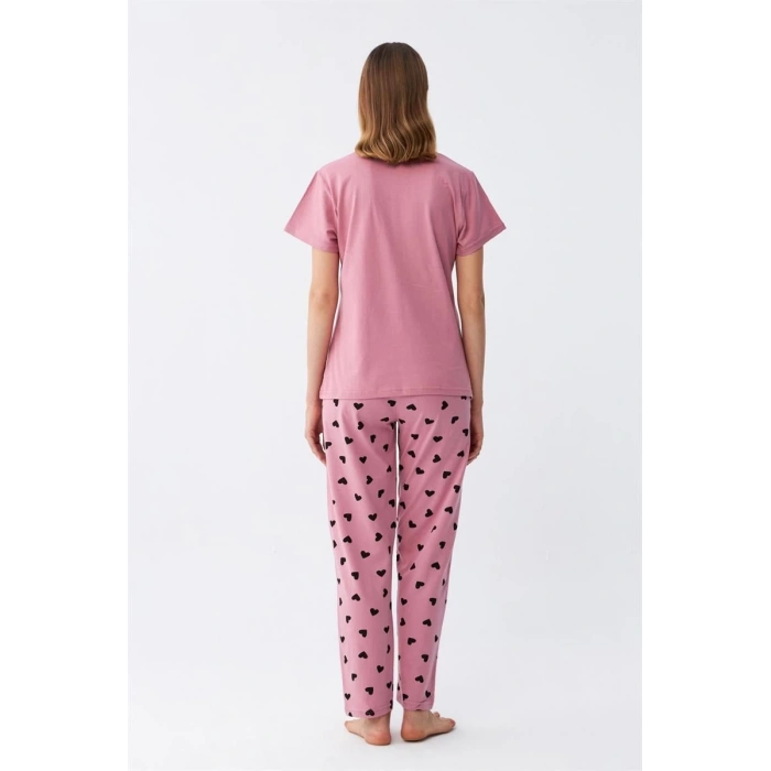 MİRAY- Kadın Somon Kalp Desenli Kısa Kollu Penye Pijama Takımı