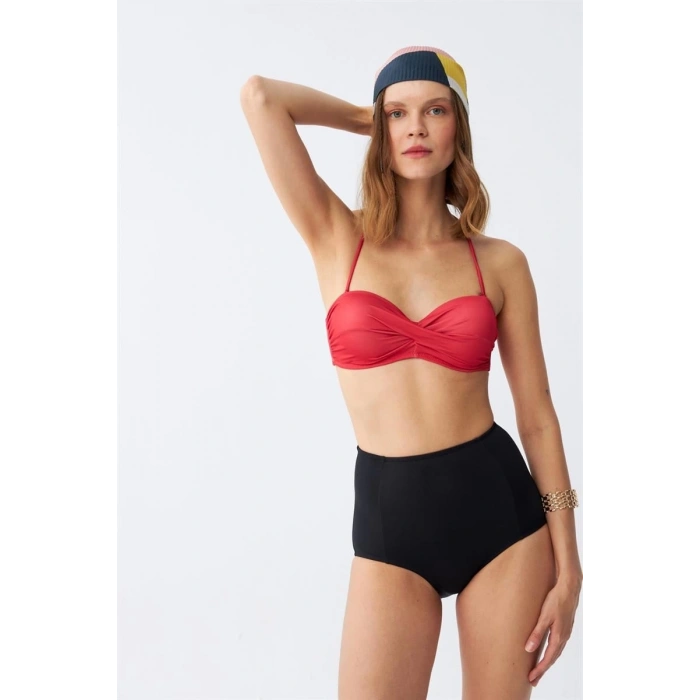 MİRAY- Kadın Straplez Kırmızı Yüksek Bel Bikini Takımı
