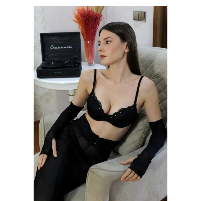 MİRAY- Kadın Taş Detaylı Sütyen Takım Siyah