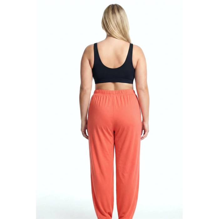 MİRAY- Kadın Turuncu Dokulu Büyük Beden Cepli Pijama Altı Rahat Kesim Esnek Bel Günlük Ev Giyim Alt