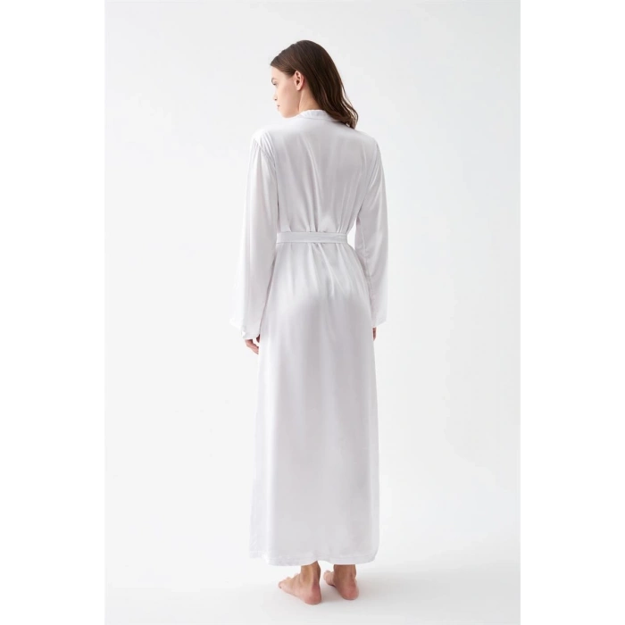 MİRAY- Kadın Uzun Beyaz Saten Sabahlık