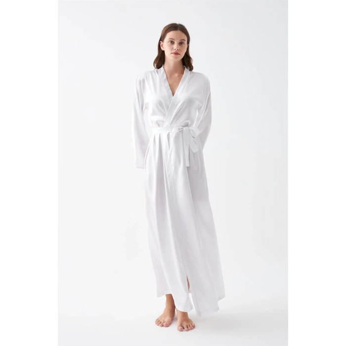 MİRAY- Kadın Uzun Beyaz Saten Sabahlık