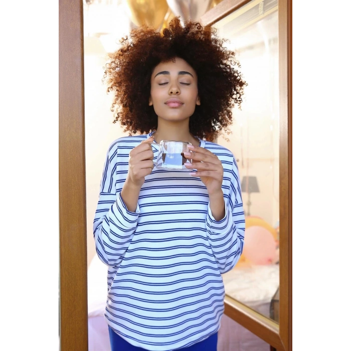 MİRAY- Kadın Uzun Kol 3 İplik Penye Pijama Takım Beyaz