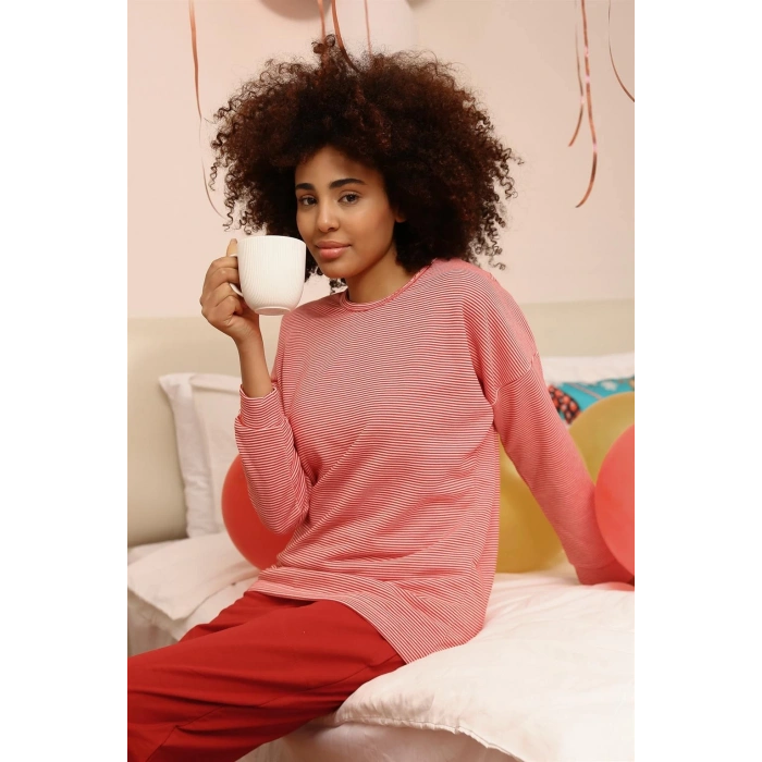 MİRAY- Kadın Uzun Kol 3 İplik Penye Pijama Takım Kırmızı