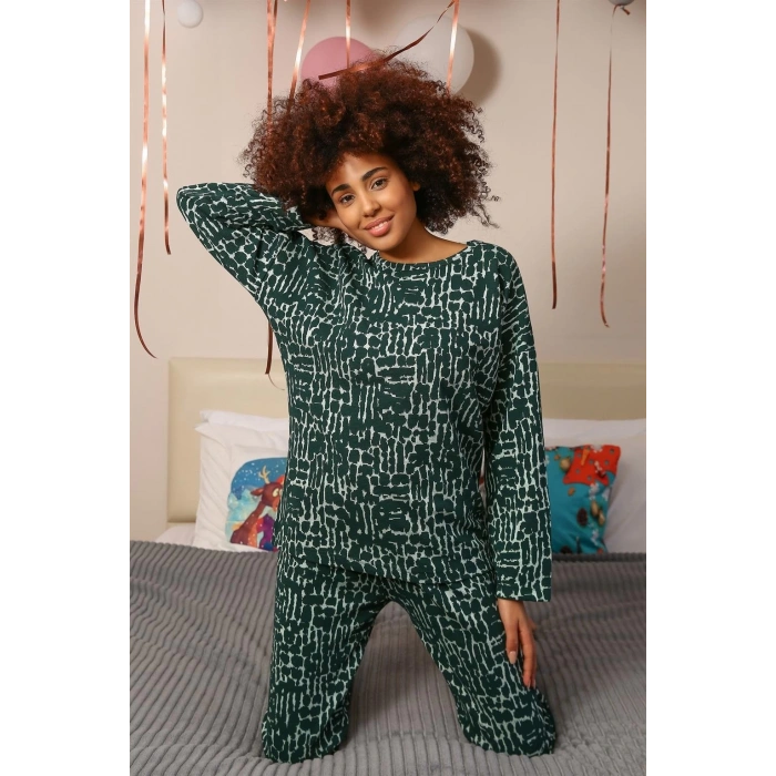 MİRAY- Kadın Uzun Kol 3 İplik Penye Pijama Takım Yeşil