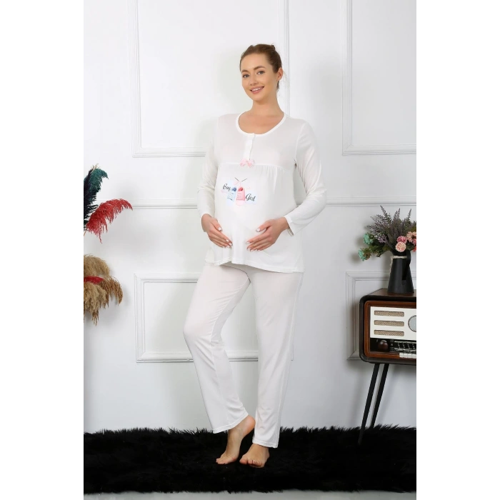 MİRAY- Kadın Uzun Kol Hamile Lohusa Pijama Takımı Ekru