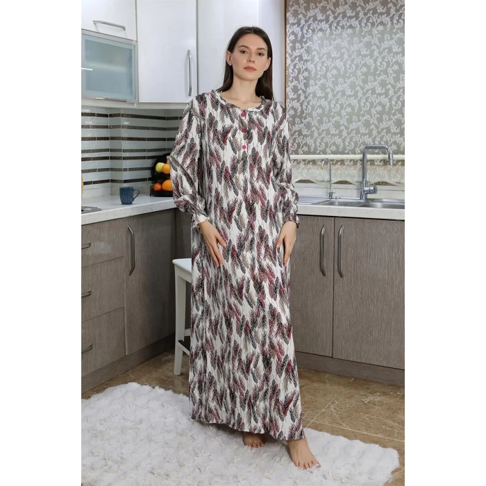 MİRAY- Kadın Uzun Kol Penye Gecelik Ev Elbisesi Kırmızı