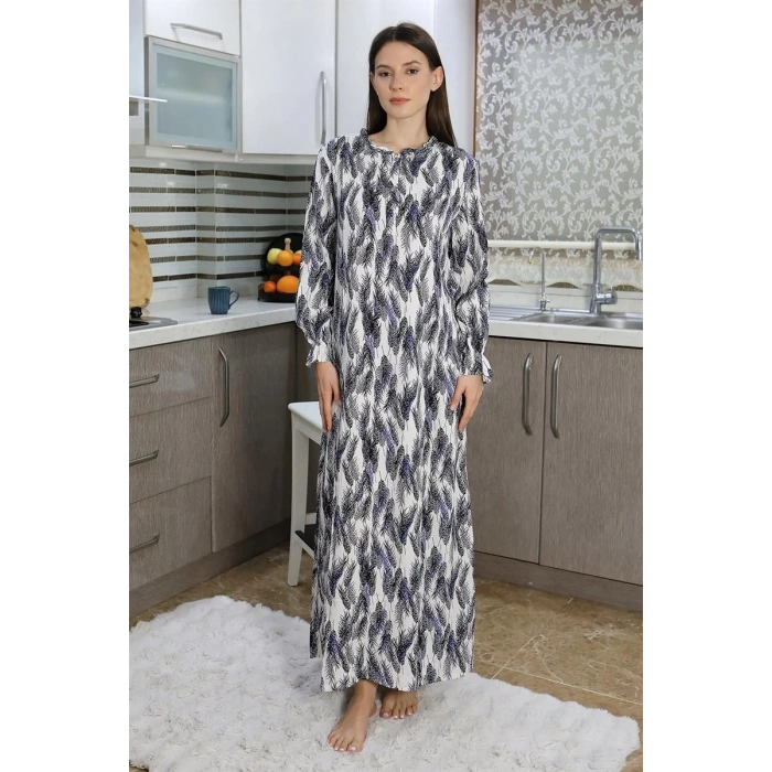 MİRAY- Kadın Uzun Kol Penye Gecelik Ev Elbisesi Mavi