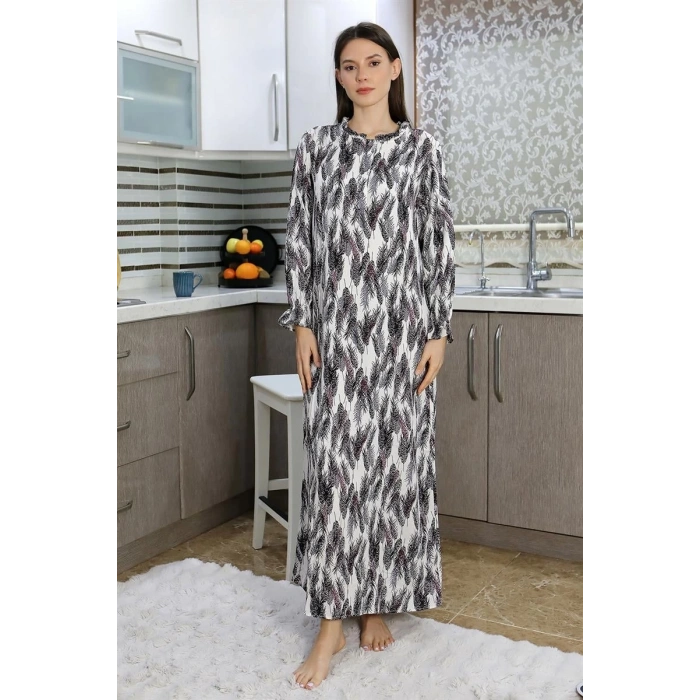 MİRAY- Kadın Uzun Kol Penye Gecelik Ev Elbisesi Mor