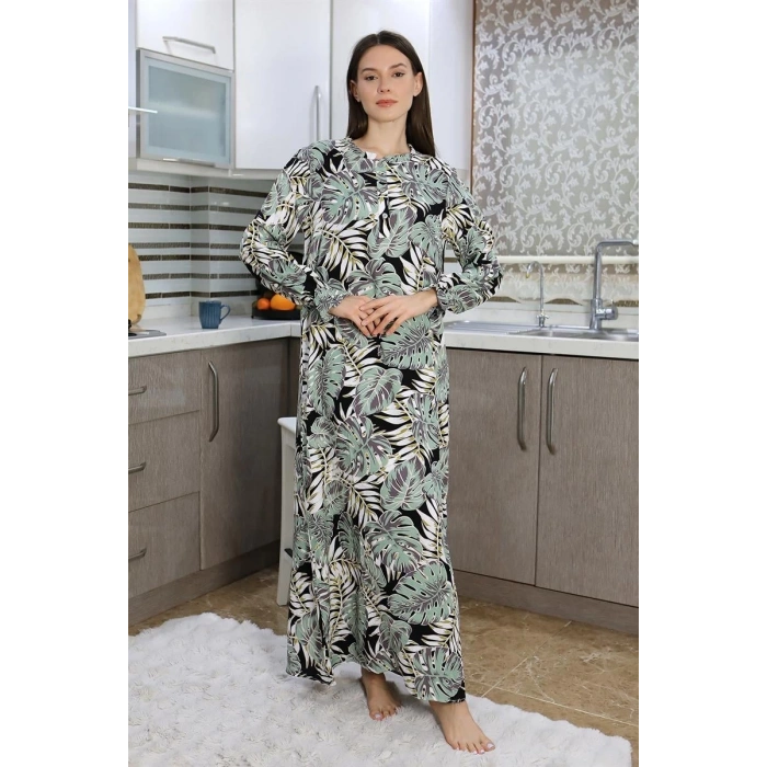 MİRAY- Kadın Uzun Kol Penye Gecelik Ev Elbisesi SuYeşili