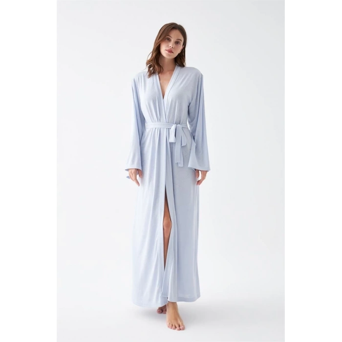 MİRAY- Kadın Uzun Mavi Penye Sabahlık