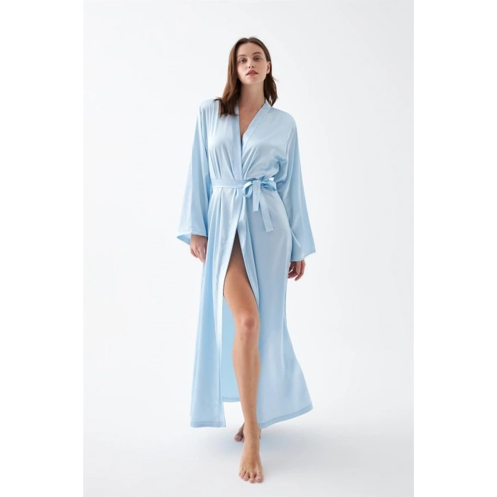 MİRAY- Kadın Uzun Mavi Saten Sabahlık – Kuşaklı Şık Gecelik Üstü Ev Giyim