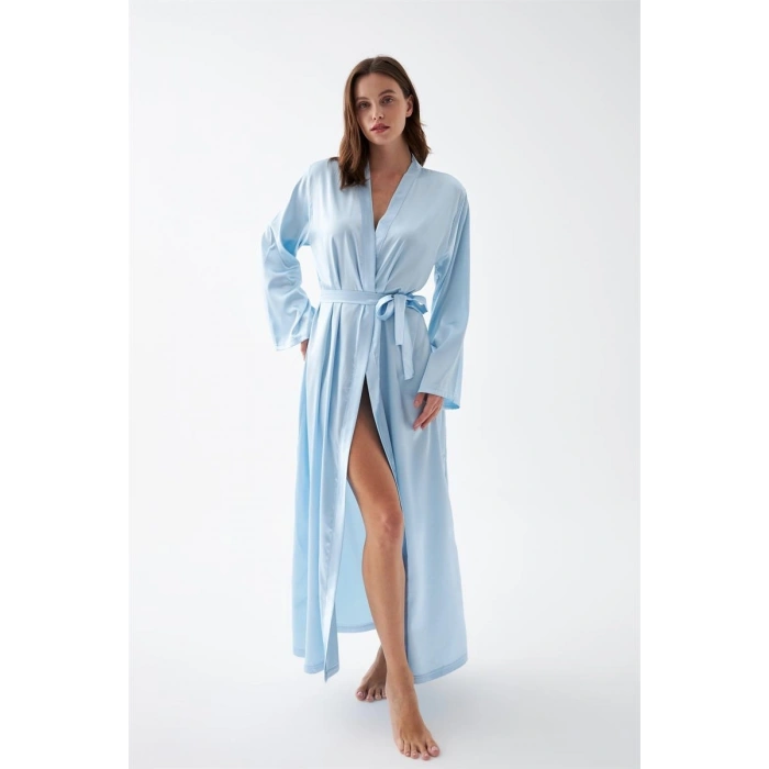 MİRAY- Kadın Uzun Mavi Saten Sabahlık – Kuşaklı Şık Gecelik Üstü Ev Giyim