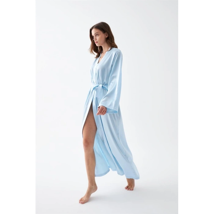 MİRAY- Kadın Uzun Mavi Saten Sabahlık – Kuşaklı Şık Gecelik Üstü Ev Giyim