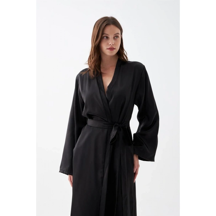 MİRAY- Kadın Uzun Siyah Saten Sabahlık