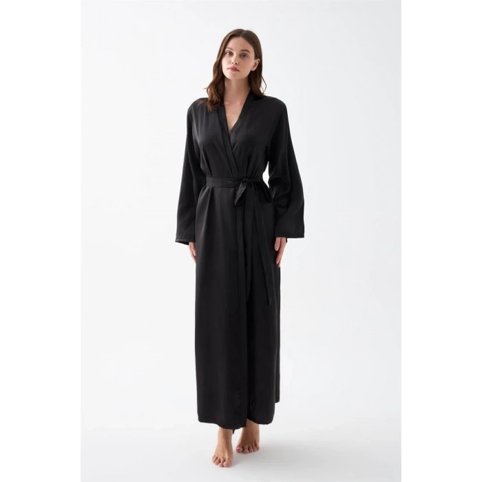 MİRAY- Kadın Uzun Siyah Saten Sabahlık