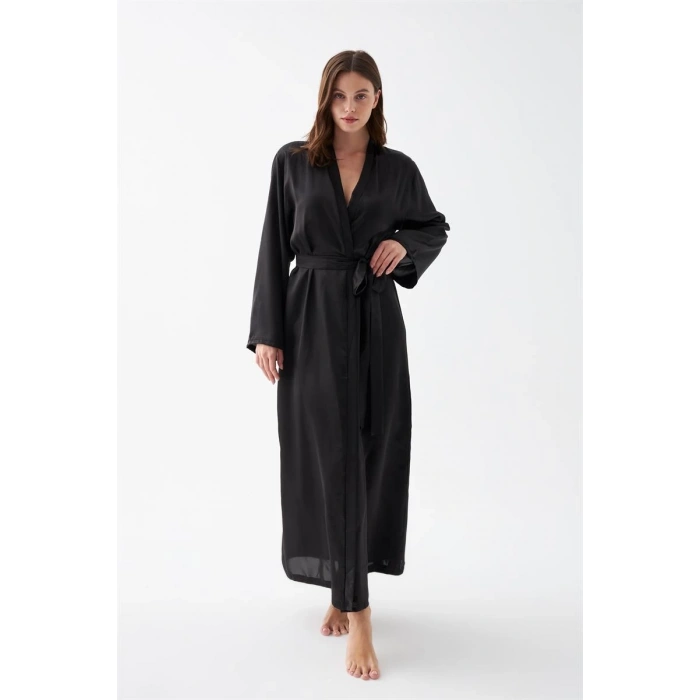 MİRAY- Kadın Uzun Siyah Saten Sabahlık