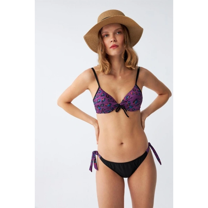 MİRAY- Kadın Yandan Bağlamalı Yarım Destekli Fiyonklu Alt Üst Bikini Takım Mor