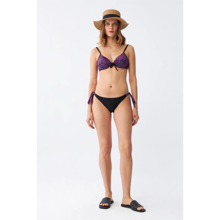 MİRAY- Kadın Yandan Bağlamalı Yarım Destekli Fiyonklu Alt Üst Bikini Takım Mor