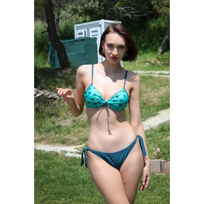 MİRAY- Kadın Yandan Bağlamalı Yarım Destekli Fiyonklu Alt Üst Bikini Takım Turkuaz