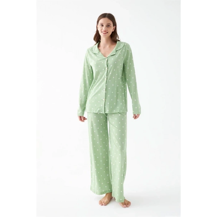 MİRAY- Kadın Yeşil Kalp Desenli Düğmeli Pamuklu Pijama Takımı