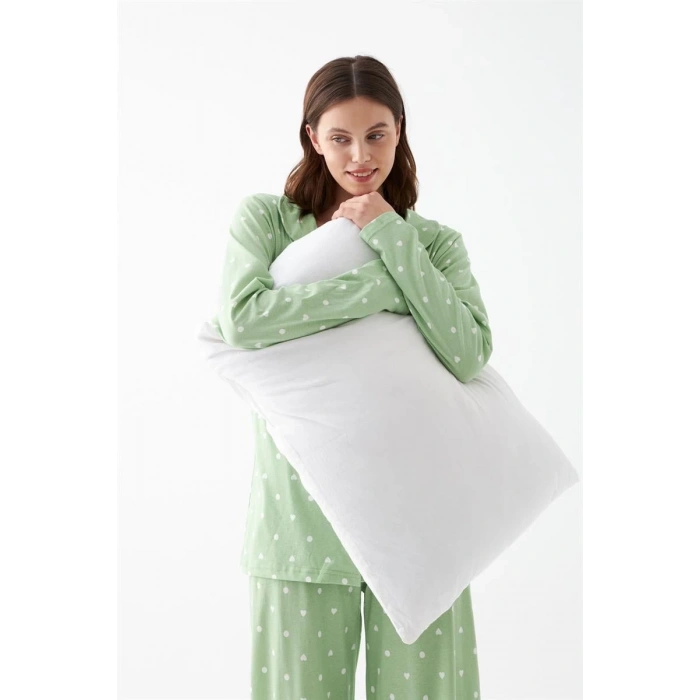 MİRAY- Kadın Yeşil Kalp Desenli Düğmeli Pamuklu Pijama Takımı