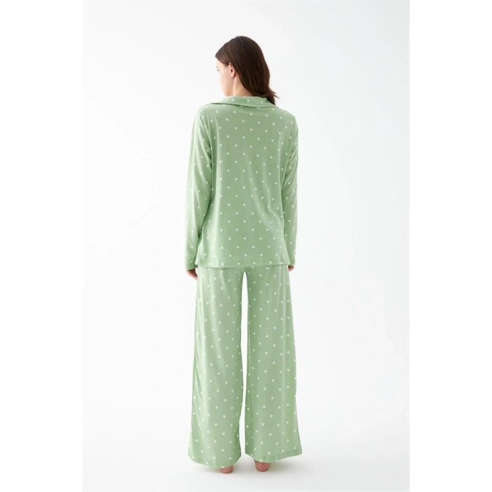 MİRAY- Kadın Yeşil Kalp Desenli Düğmeli Pamuklu Pijama Takımı
