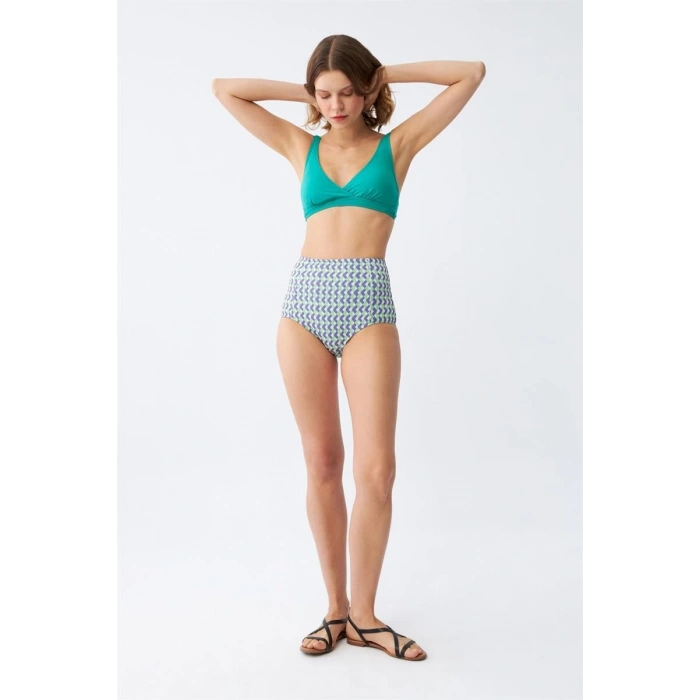 MİRAY- Kadın Yeşil Pedli Geometrik Desenli Yüksek Bel Bikini Takımı