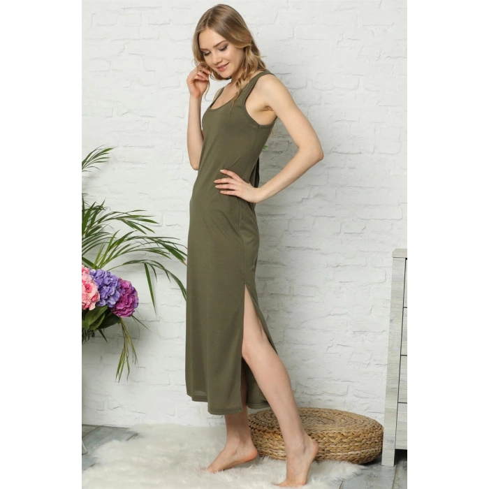 MİRAY- Kalın Askılı Haki Penye Uzun Gecelik