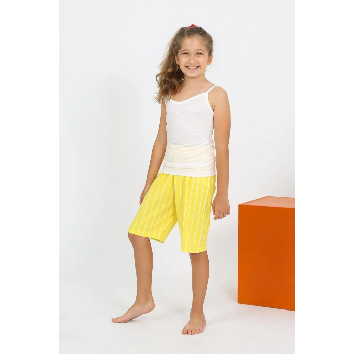 MİRAY- Kız Çocuk İp Askılı Şortlu Penye Beyaz Pijama Takım