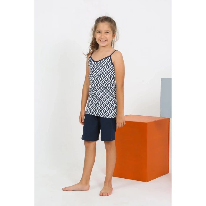 MİRAY- Kız Çocuk İp Askılı Şortlu Penye Lacivert Pijama Takım