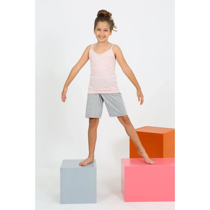 MİRAY- Kız Çocuk İp Askılı Şortlu Penye Pembe Pijama Takım