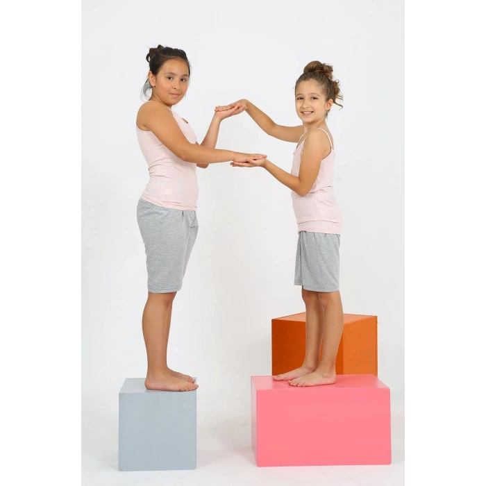 MİRAY- Kız Çocuk İp Askılı Şortlu Penye Pembe Pijama Takım