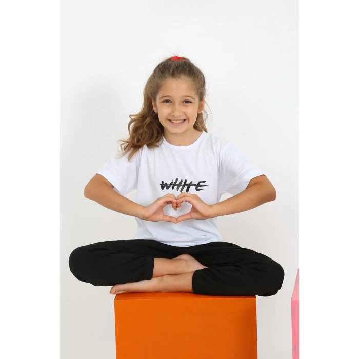 MİRAY- Kız Çocuk Kısa Kol Beyaz Penye Pijama Takım