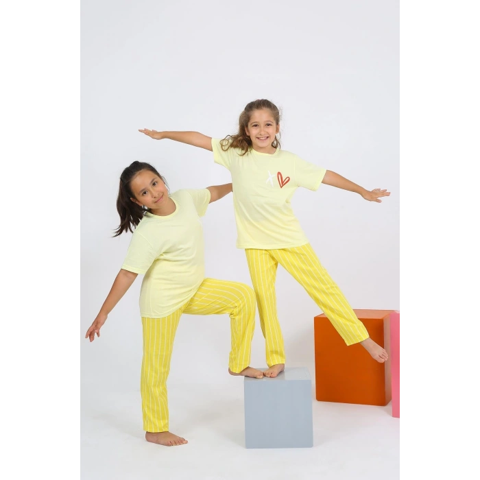 MİRAY- Kız Çocuk Kısa Kol Sarı Penye Pijama Takım