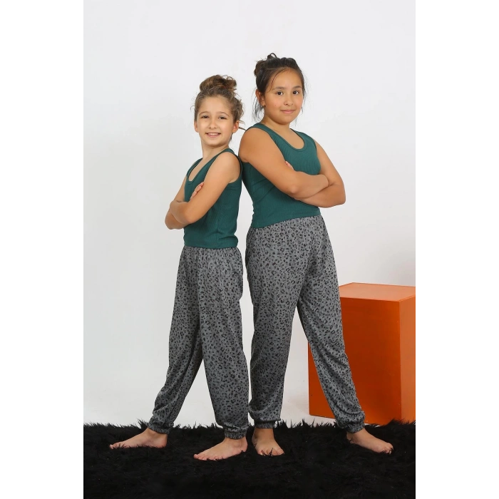 MİRAY- Kız Çocuk Sıfır Kol Zümrüt Yeşili Penye Pijama Takım