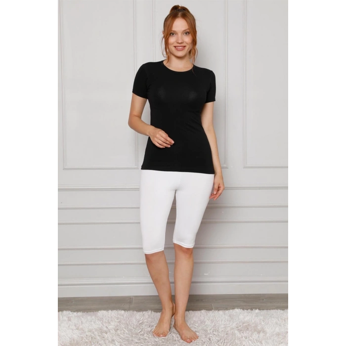 MİRAY- Penye Likralı Diz Üstü Tayt Beyaz