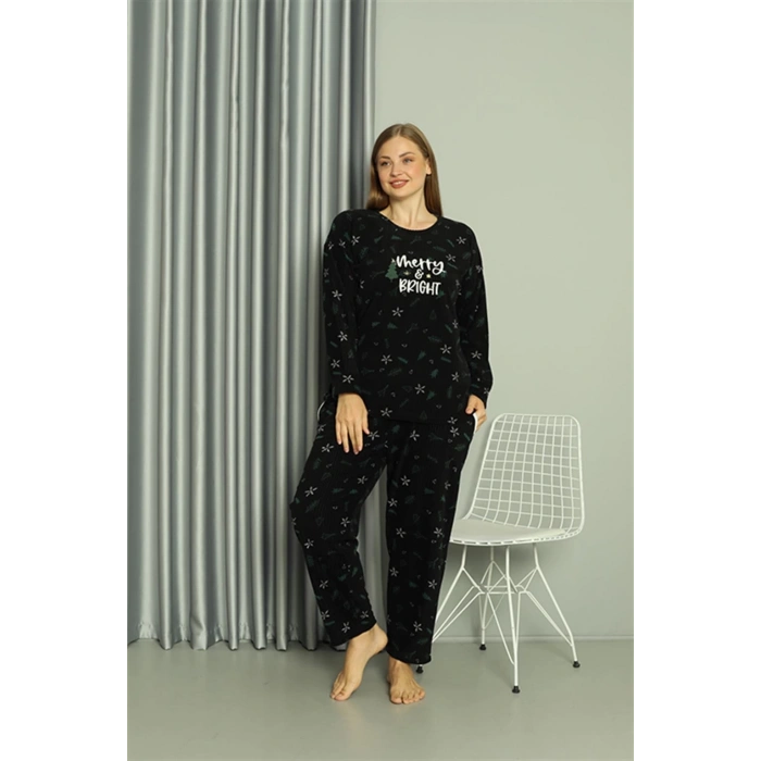 MİRAY- Polar Kadın Büyük Beden Pijama Takımı Siyah