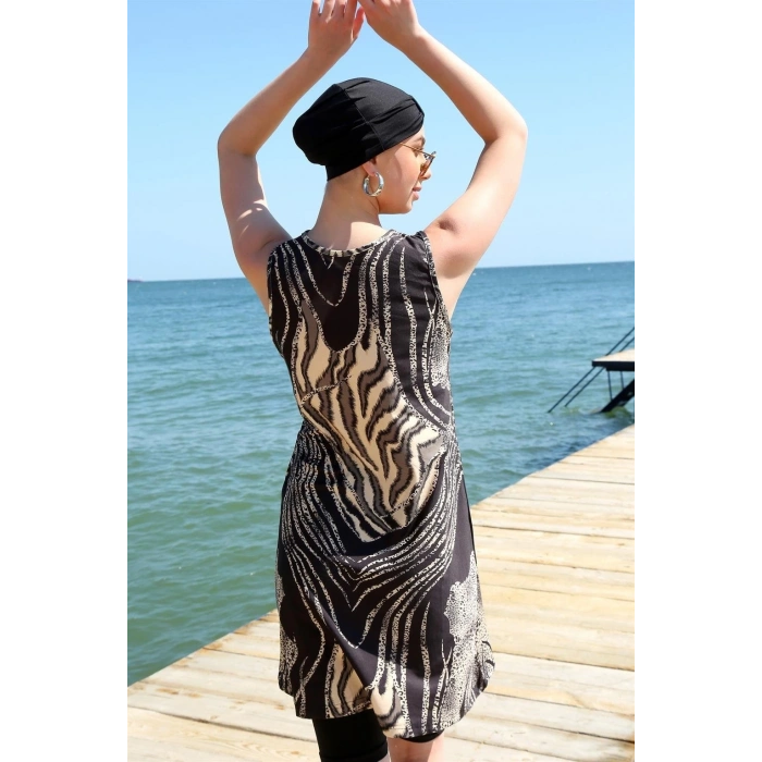 MİRAY- Sıfır Kol Leopar Yarım Tesettür Mayo Siyah