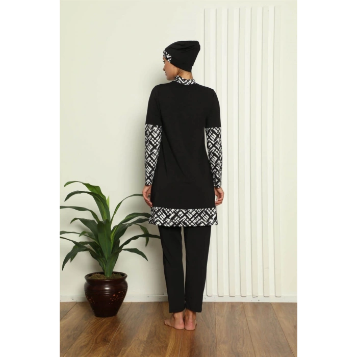 MİRAY- Tam Tesettür Dijital Desenli Mayo Siyah