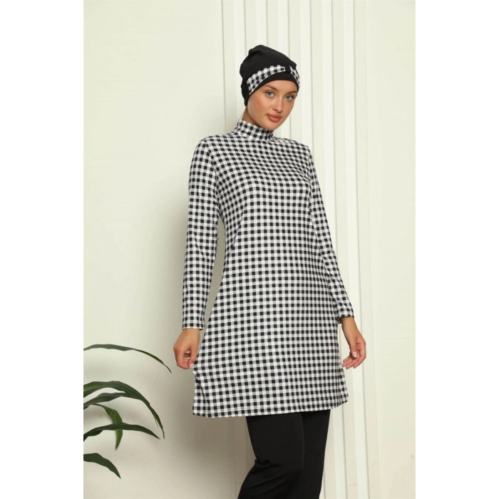 MİRAY- Tam Tesettür Dijital Desenli Mayo Siyah - Beyaz