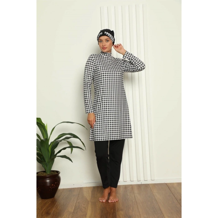 MİRAY- Tam Tesettür Dijital Desenli Mayo Siyah - Beyaz