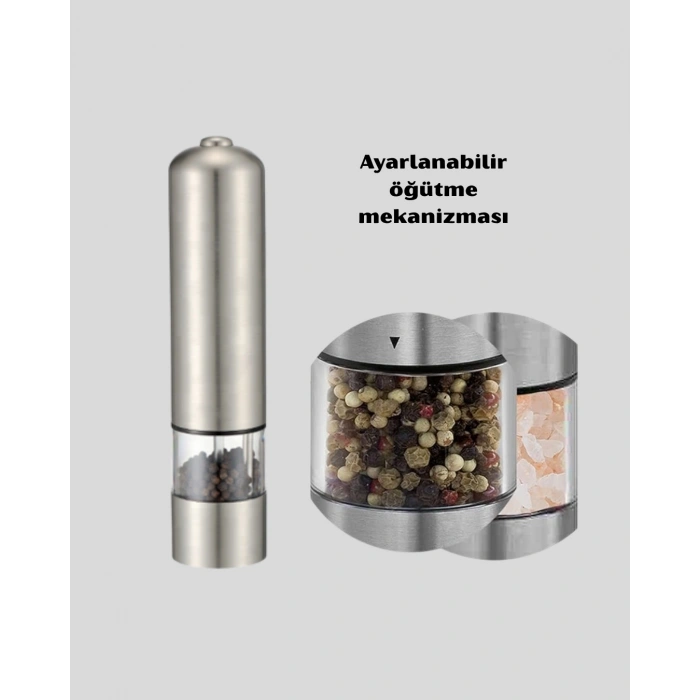 Modern Otomatik Baharat Öğütücü Seti – Pilli, Paslanmaz Çelik, Led Aydınlatmalı