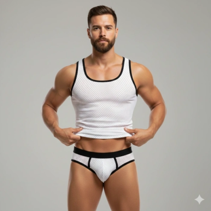 MODLİVE Beyaz Delikli Kumaş Tank Top Slip Takımı