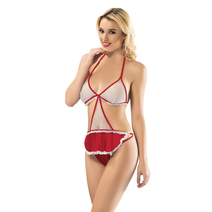 MARSİLYAN- Beyaz Kırmızı Fileli Bodysuit - 4027