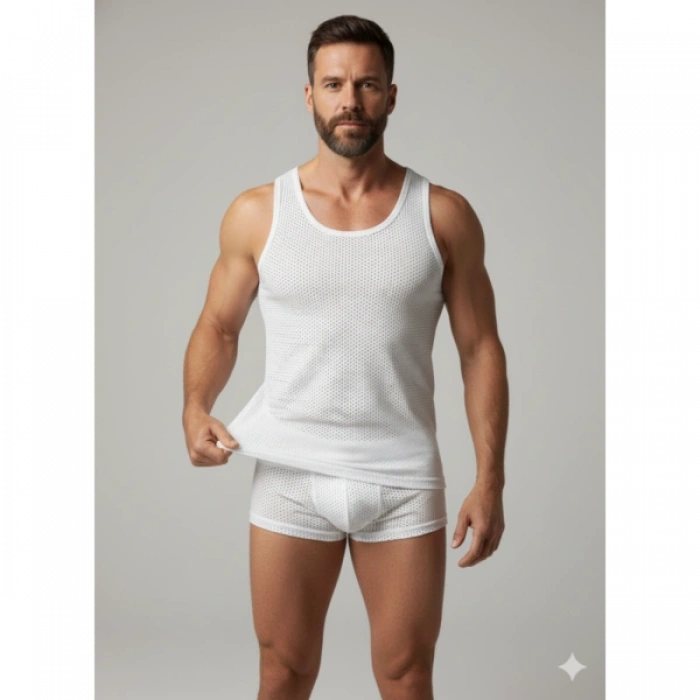 MODLİVE Erkek Beyaz File Tank Top Boxer Takımı