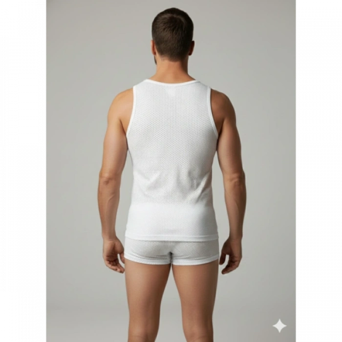 MODLİVE Erkek Beyaz File Tank Top Boxer Takımı