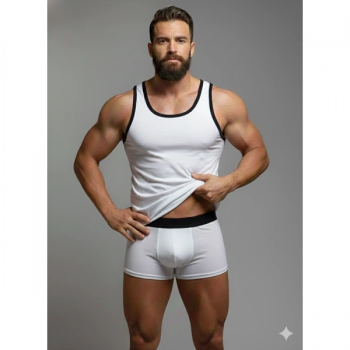 MODLİVE Erkek Beyaz Tank Top Boxer Takım